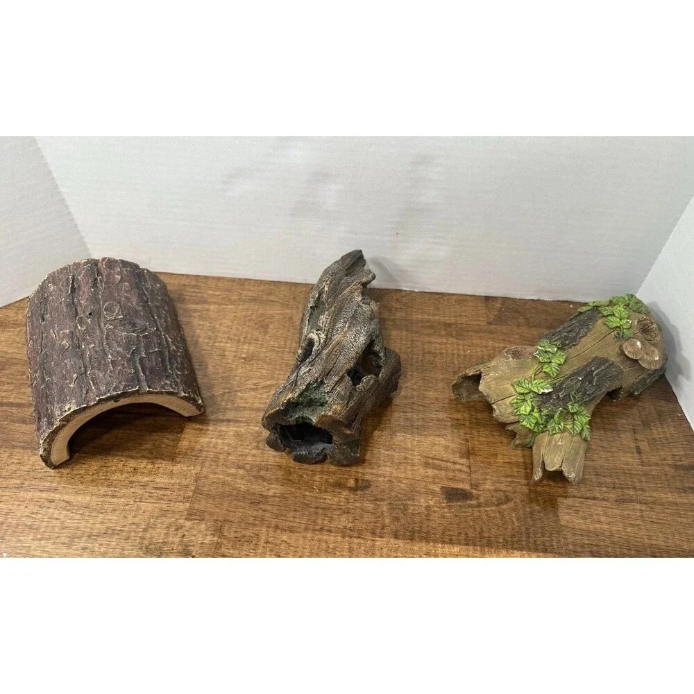 Lot of 3 Faux Log Hide Cave Aquarium Ornaments Polyresin Brown/Green